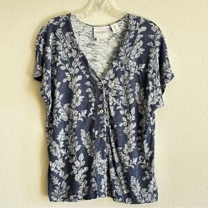 Laura Ashley Women's Navy Blue Leaf Print Blouse Front Button SZ L
